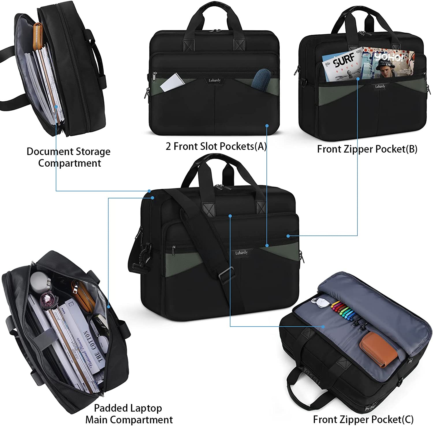 Laptop Bag 17.3 Inch Laptop Briefcase Large Laptop Case Waterproof Business Computer Bag Adjustable Shoulder Messenger Bag for Men Women, Black - Image 2